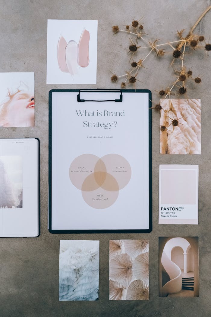 Crafting Captivating Headlines: Your awesome post title goes here Artistic flat lay featuring a brand strategy chart surrounded by design elements and neutral tones.